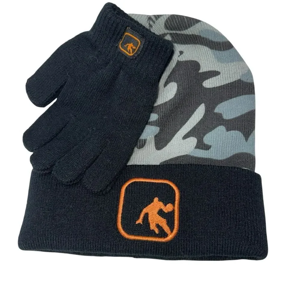 NWT Kid’s Gray Camo Knit Beanie Black Cuff and Orange Jordan Logo and Gloves